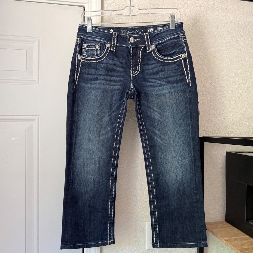 MISS ME dark blue wash y2k vintage rhine stone embellished denim cropped capris